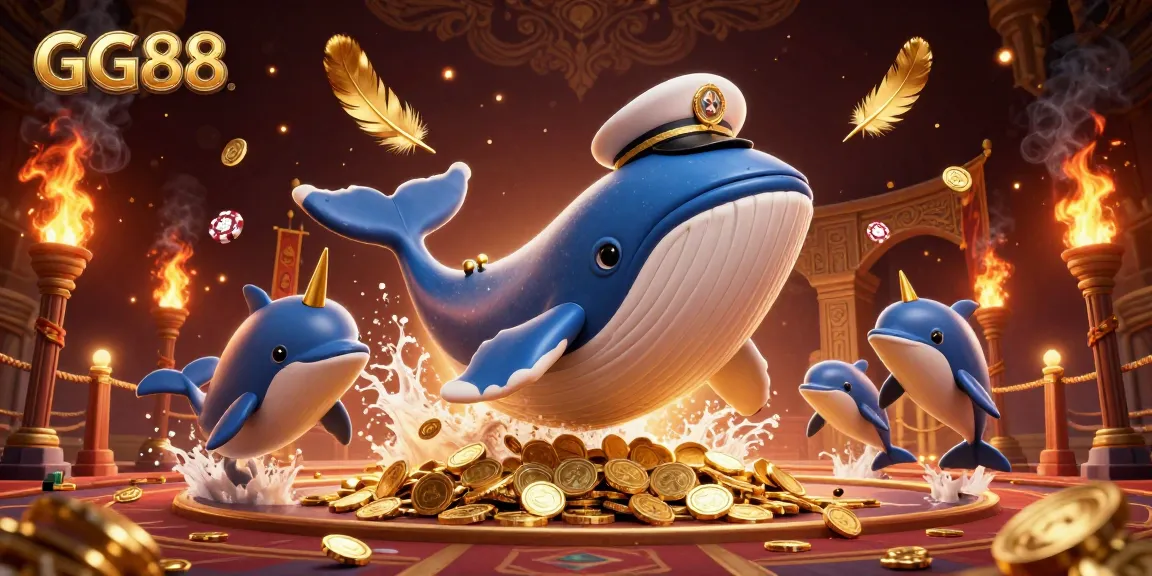 Engage with GG88's vibrant casino scene featuring a whimsical whale and dolphins with poker chips.
