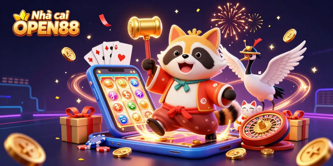 Engage with Nhà cái OPEN88 through a vibrant casino scene featuring a cheerful tanuki with fortune cats and exciting game elements.