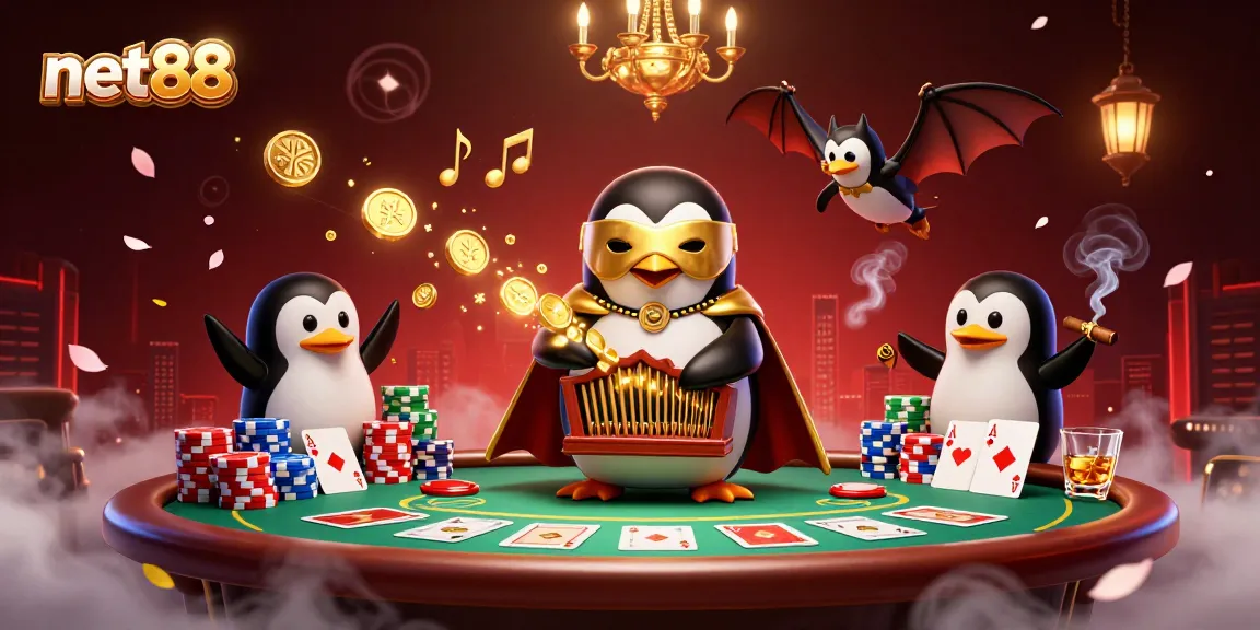 Experience the excitement of net88 with a vibrant 3D casino scene featuring a penguin and acrobat.
