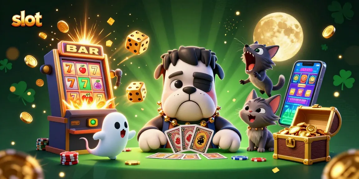 Experience thrilling slots with a cartoon bulldog dealer, jackpot slots, and playful ghost mouse.