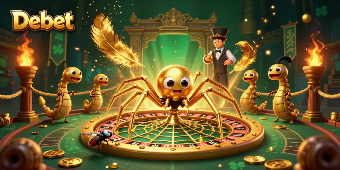 Debet-themed illustration of a fly betting nervously at a roulette wheel web while a centipede croupier spins