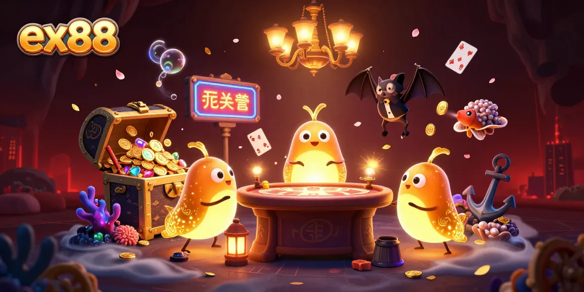 Experience ex88's vibrant casino scene illuminated by glowworms, highlighting gameplay excitement and lively atmosphere.