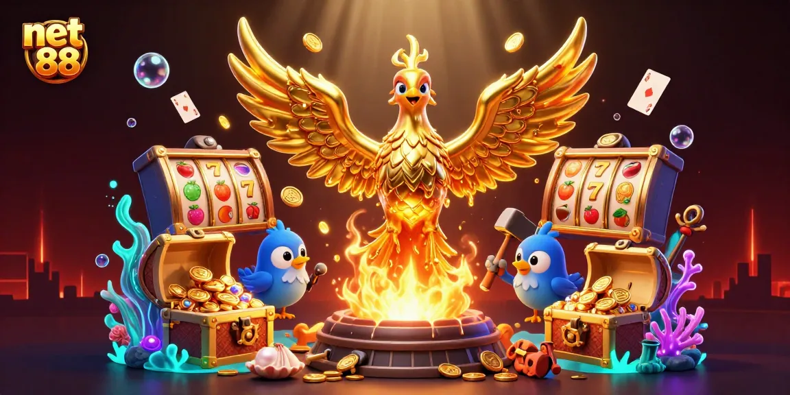 Experience thrilling wins at net 88 with a vibrant 3D casino-inspired fantasy scene featuring golden treasures.