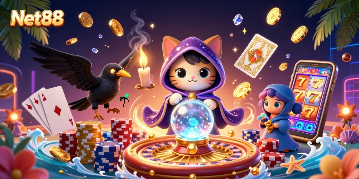 Experience the thrill of winning with Net88 in an enchanting 3D casino scene filled with fortune-telling characters and exciting game elements.