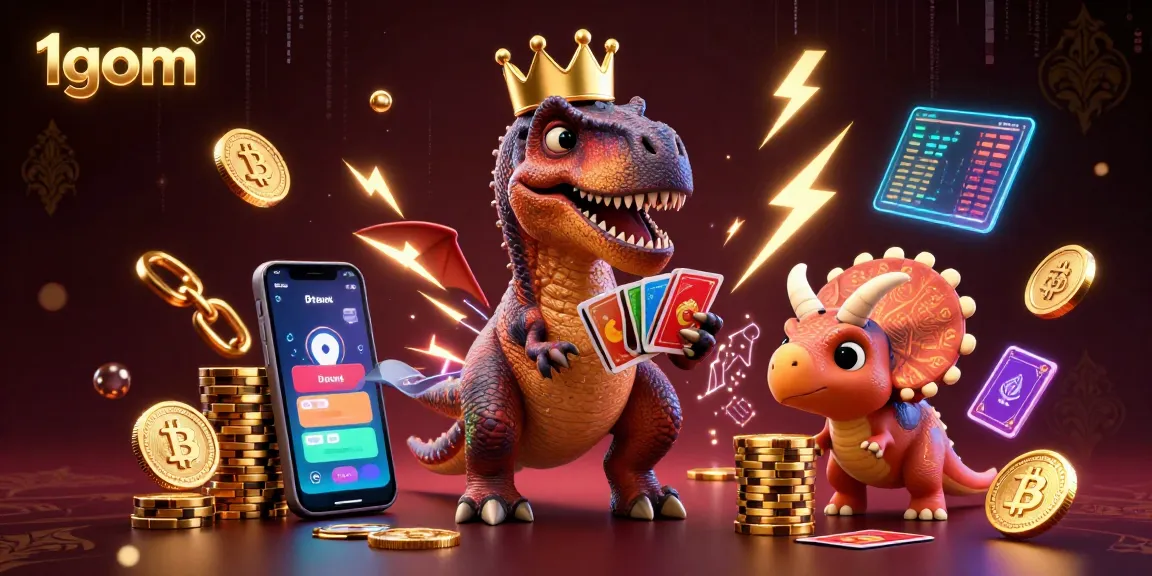 Engage in thrilling gaming with 1gom as dinosaurs stack chips and shuffle cards.