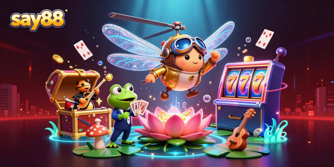 Engage with exciting gaming experiences at say88, featuring a vibrant lily pad casino with lively characters.
