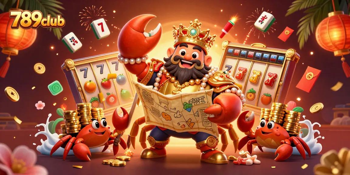 Engage with the thrilling 789club gaming experience featuring a golden crab emperor and vibrant slot elements.