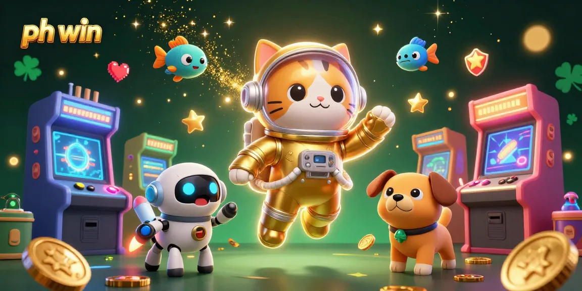 Engage in the ph win adventure with a 3D astronaut cat and rocket dog in a vibrant gaming cosmos.