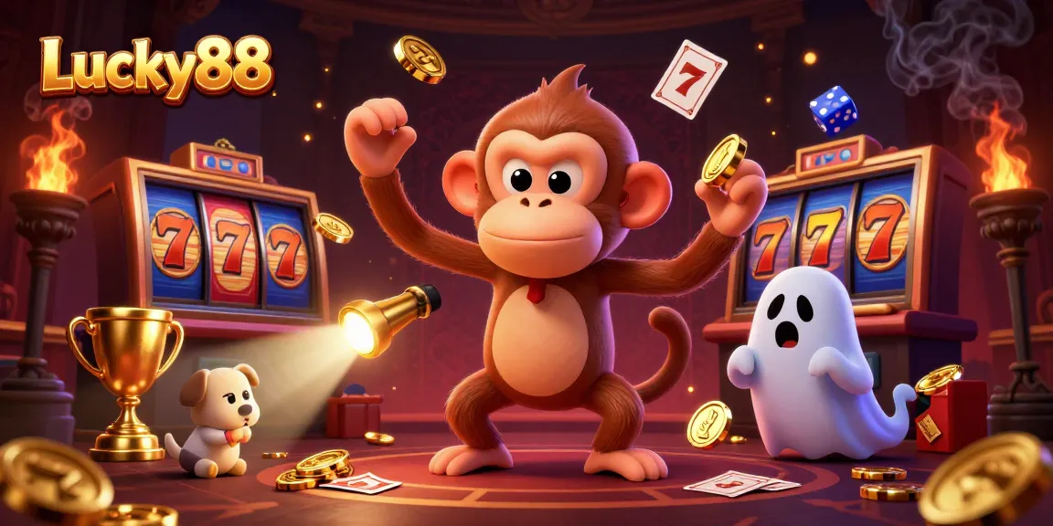 Experience Lucky88 slots with a mischievous poltergeist monkey and ghost-hunter puppy in a haunted casino scene.