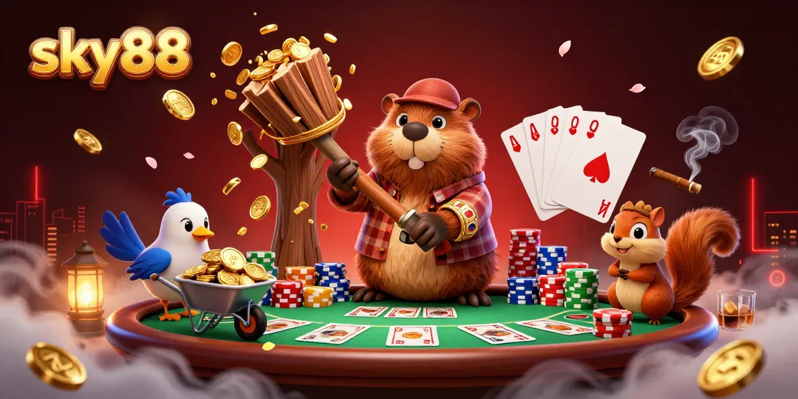 Join the action at sky88 where a lively poker scene with cartoon animals unfolds, filled with excitement.