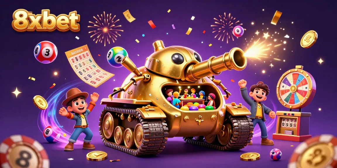 Engage with 8xbet in this vibrant 3D casino scene, featuring a golden beetle tank and lottery elements.