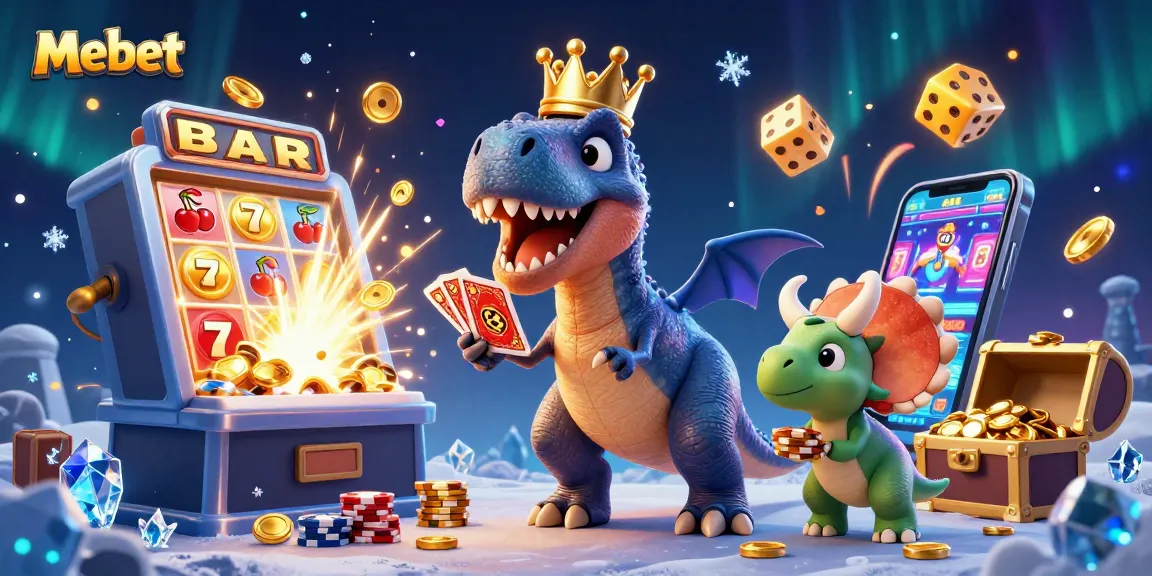 Mebet offers thrilling slots action with a playful dinosaur-themed gaming illustration.