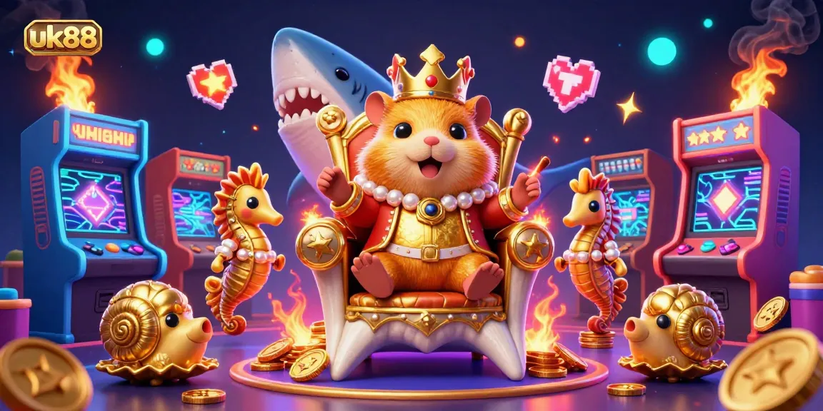 Experience the excitement of uk88 with a vibrant gaming scene featuring a hamster king on a megalodon throne.