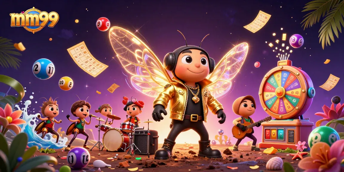 Win big with mm99 at a vibrant casino scene featuring dynamic game elements and a rock star cicada.