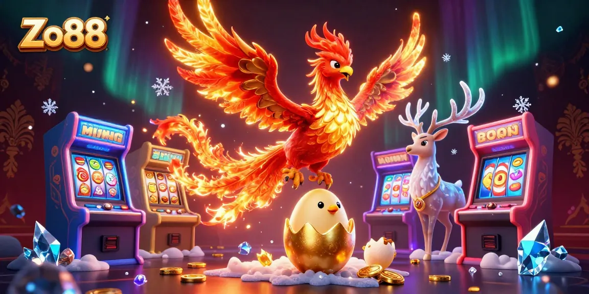 Engage with Zo88's thrilling games, vibrant 3D phoenix illustration set in a dynamic casino scene.