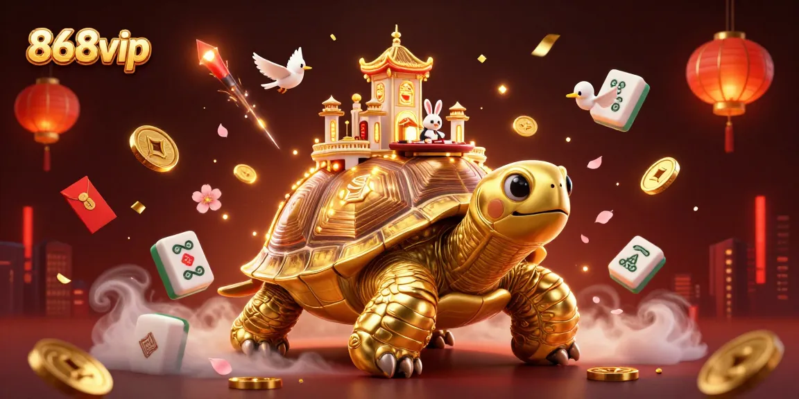 Experience the excitement of 868vip with this vibrant scene featuring a golden tortoise casino, a rabbit dealer, and festive elements.