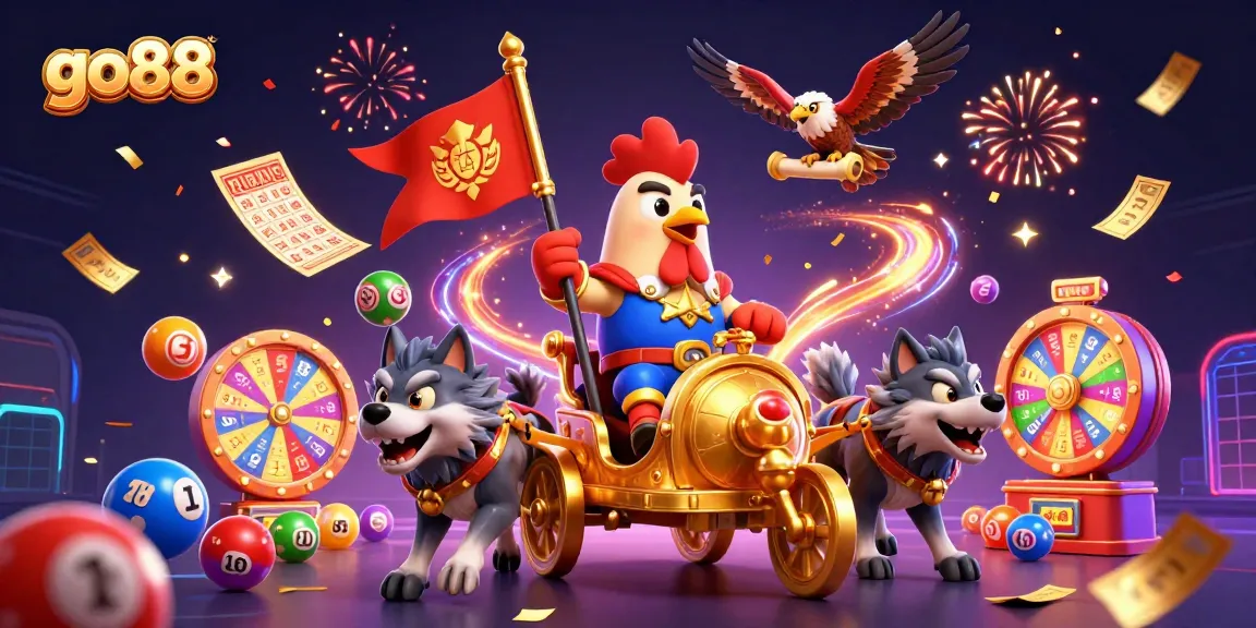 Spin and win with go88 in this vibrant 3D casino illustration featuring a rooster warlord and lottery excitement.