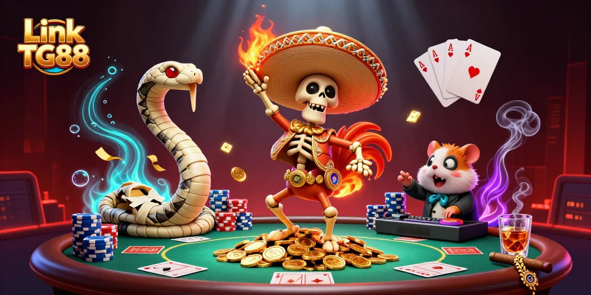 Link TG88 showcases a lively casino scene with a dancing skeleton and vibrant gambling elements.
