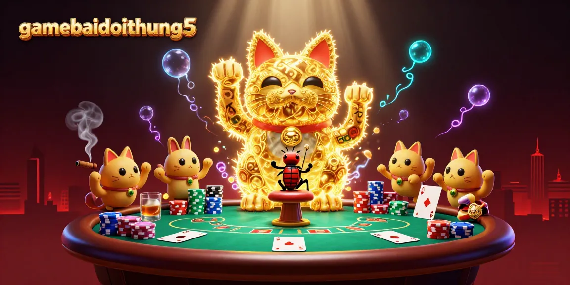 Experience the excitement of gamebaidoithuong5 with vibrant 3D casino elements and golden lucky cat characters.