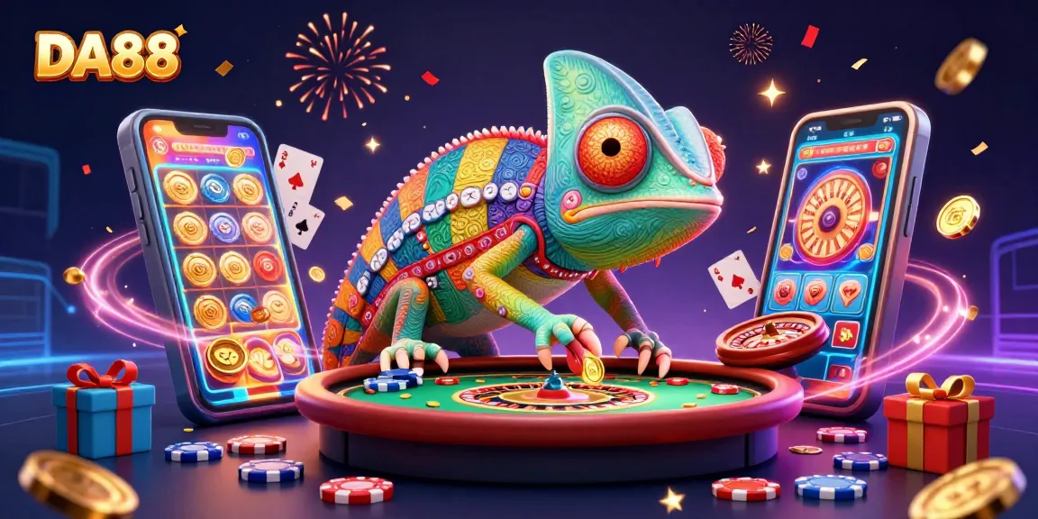 Spin winning slots with DA88 while the vibrant chameleon casino owner delights in golden coins.