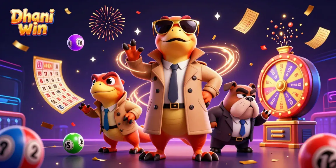 Dhani win illustration showcasing raptors entering a casino with colorful lottery elements and jubilant atmosphere.