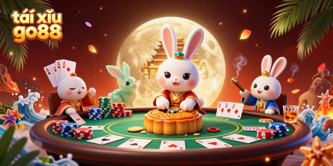 Experience the thrill of tài xỉu go88 with a vibrant illustration of a moon rabbit and poker elements.