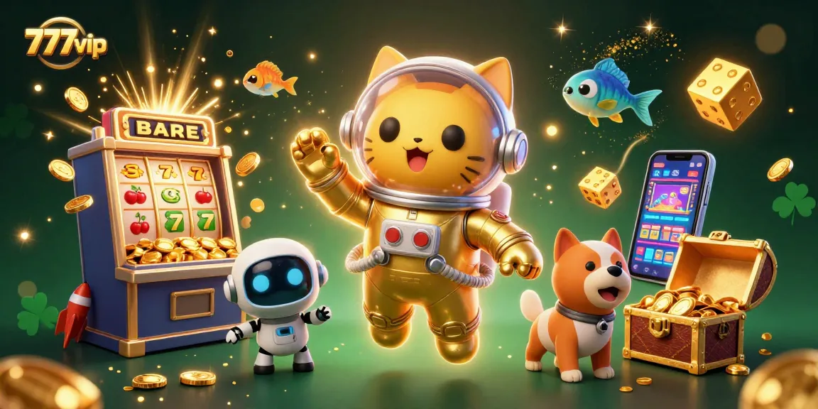 Immerse yourself in 777vip's colorful casino adventure with an astronaut cat and robot dog amidst gaming excitement.