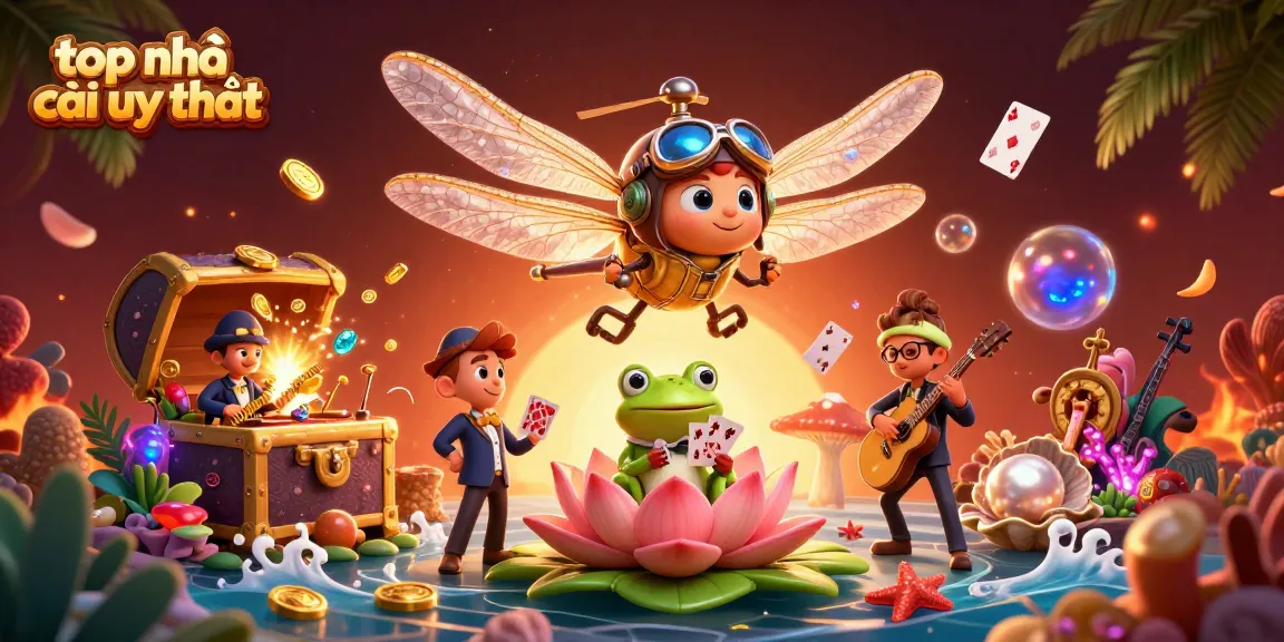 Win big with top nhà cái uy tín featuring a dragonfly pilot and frog dealer amidst a lively casino scene.