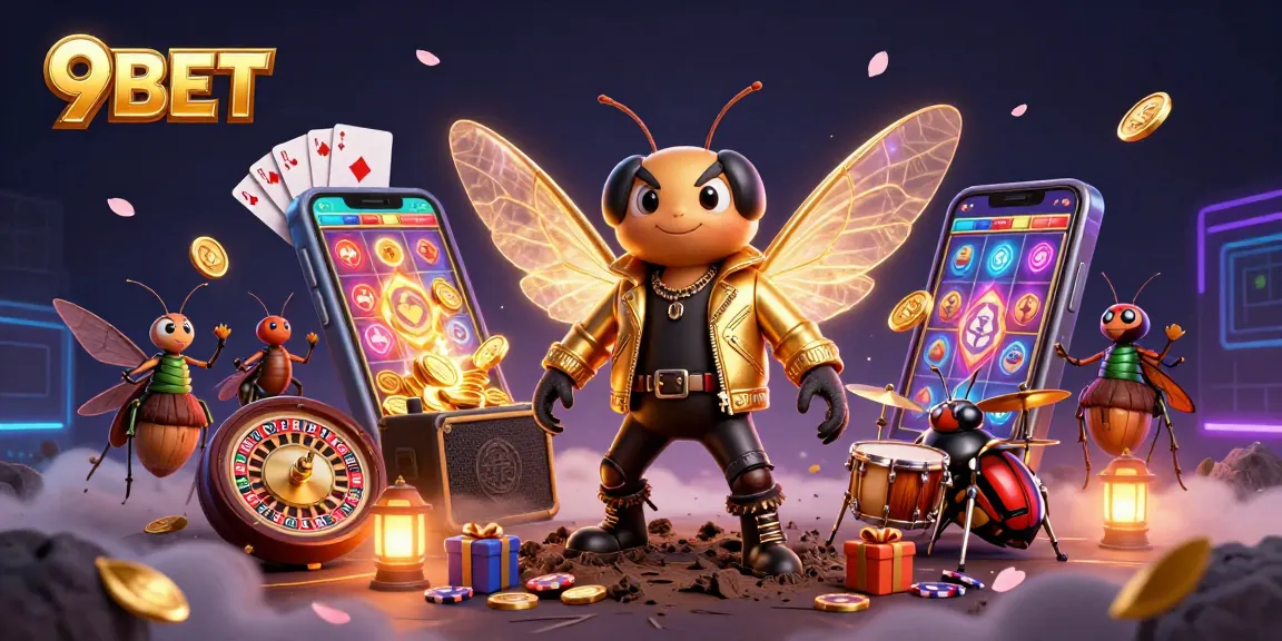 Play thrilling games with 9BET, featuring a lively 3D illustration of a cicada rock star and vibrant casino elements.