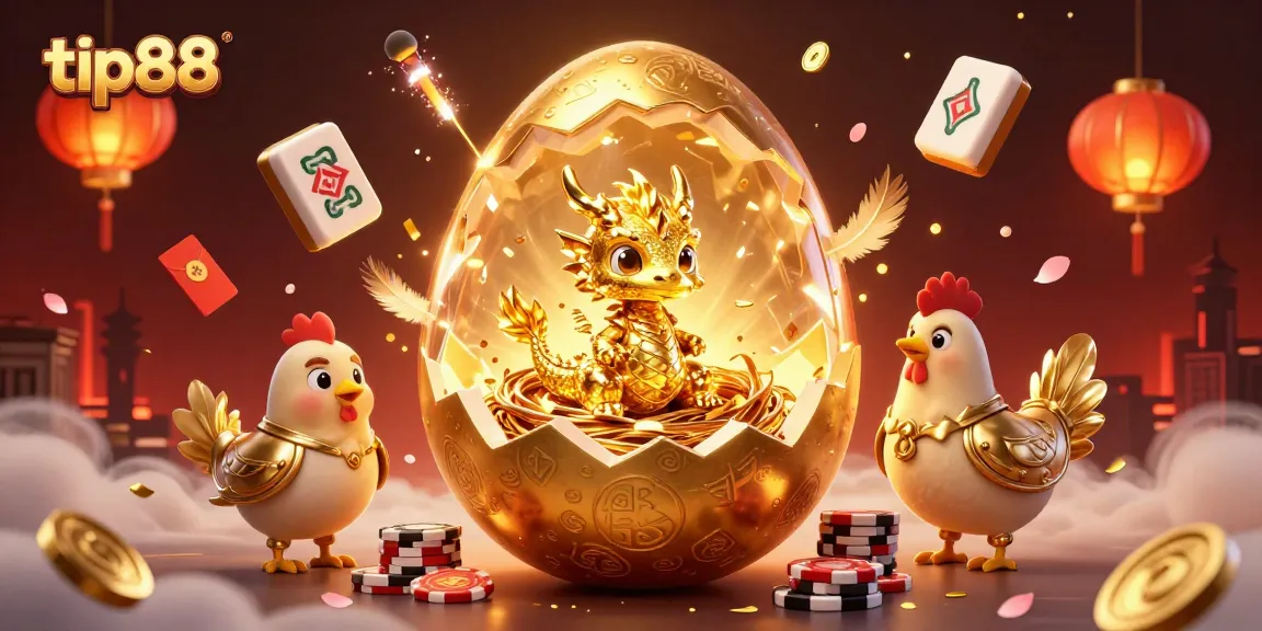Win big at tip88 with a golden dragon revealing poker chips and festive gambling elements.