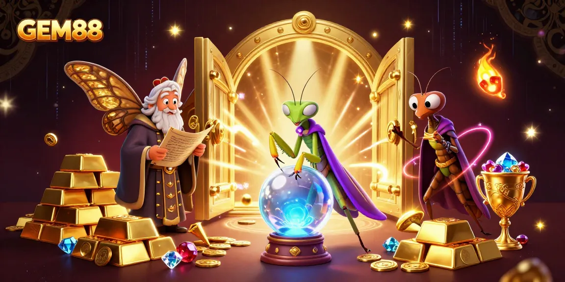 Experience GEM88's vibrant online casino world with a mystical fortune teller and wise librarian.