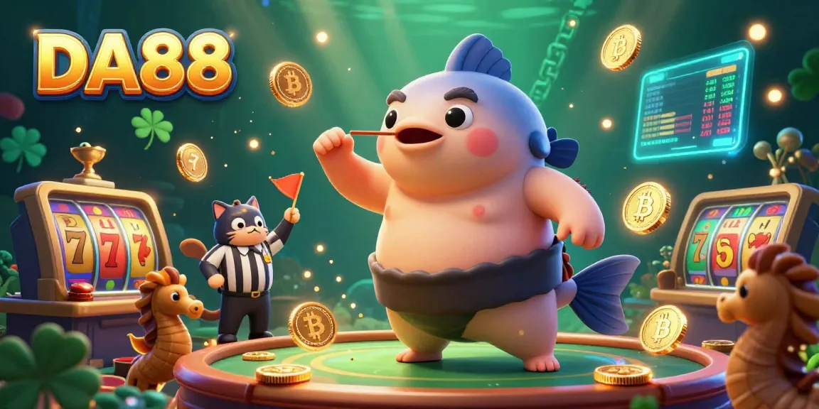 Experience the exciting underwater casino with characters from DA88, where the fugu and wise catfish celebrate winnings amidst vibrant slot reels.
