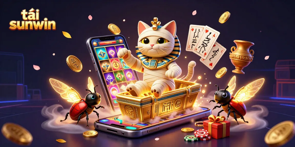 Play exciting games at tải sunwin with a vibrant casino scene featuring a mummy cat and golden elements.