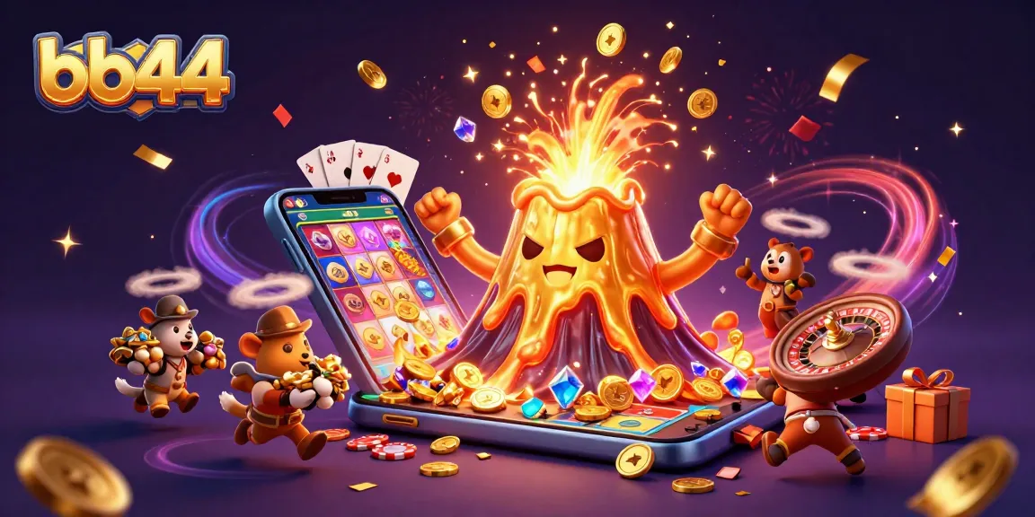 Engage with bb44 casino adventure as golden volcano erupts coins and treasures in vibrant gaming scene.