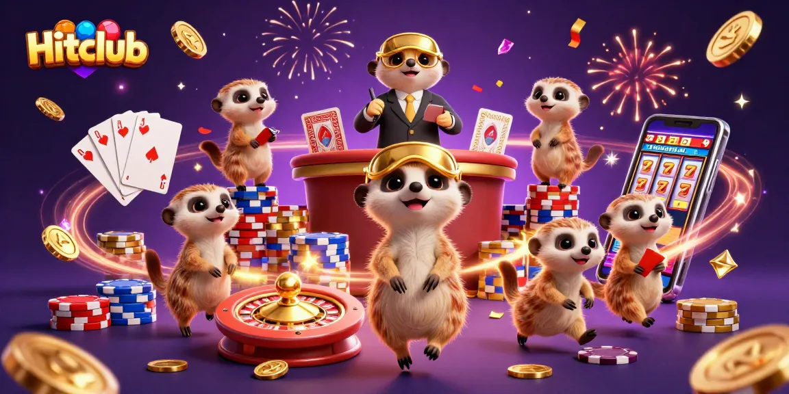 Hitclub gameplay scene with meerkats operating a lively casino, showcasing vibrant gaming elements.