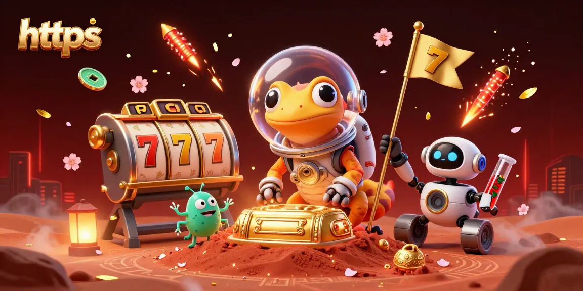 Experience the excitement of slots at https with a Martian gecko discovering a golden casino in a cosmic adventure.