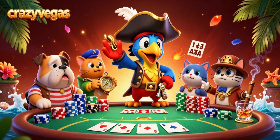 Capturing the thrilling atmosphere of crazyvegas as a pirate captain parrot leads a poker table showdown.