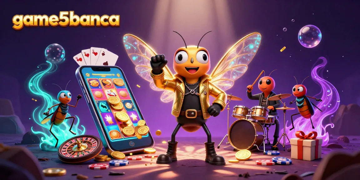 Spin the reels with game5banca's exciting slot game featuring a buzzing cicada rock star and vibrant casino elements.