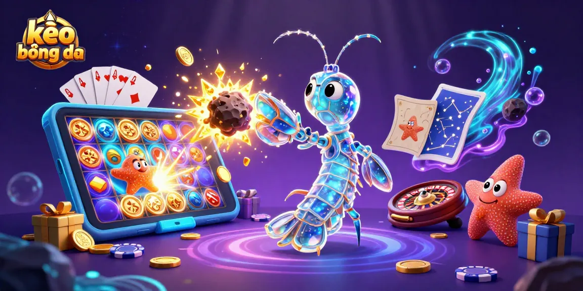 Witness thrilling kèo bóng đá action with an explosive scene showcasing a mantis shrimp and starfish amidst casino elements.