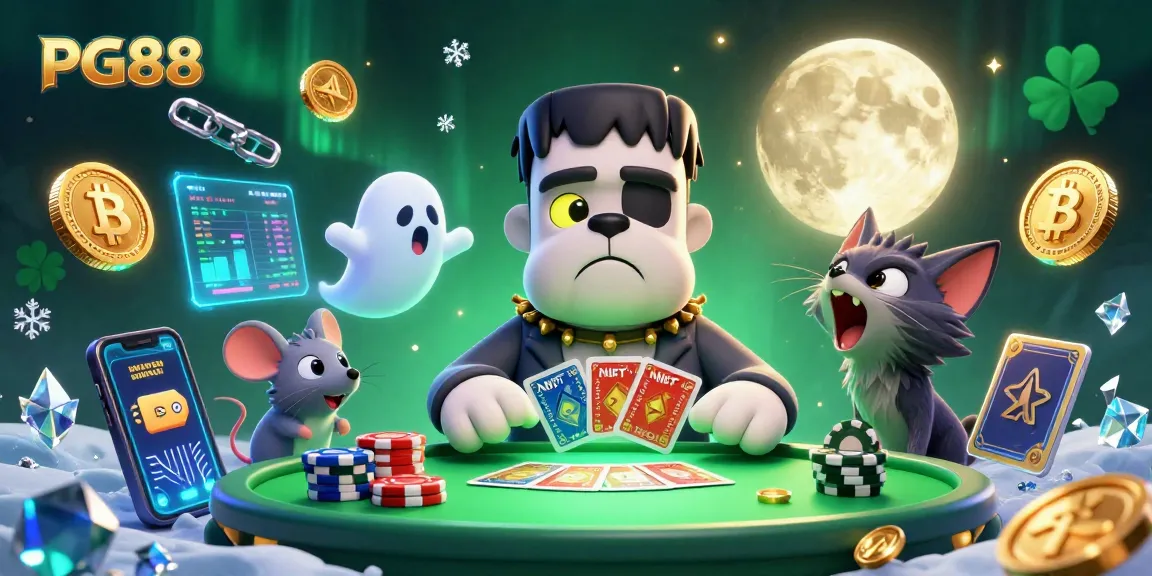 Engage with PG88: A 3D cartoon scene of a Frankenstein bulldog, ghost mouse, and werewolf kitten at a lively casino.