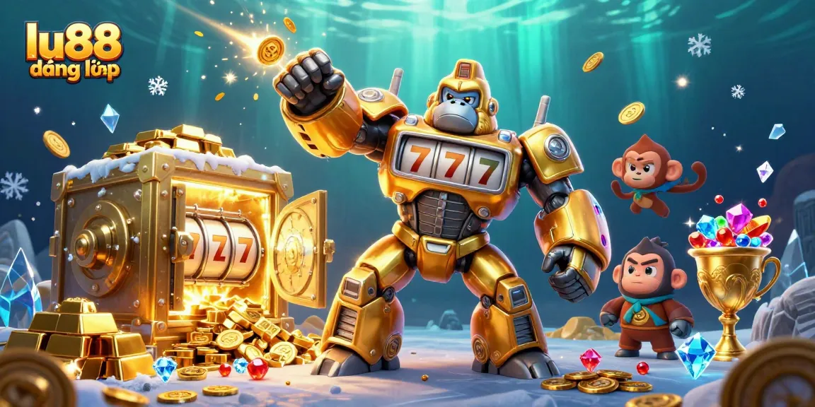 lu88 đăng nhập meets a vibrant 3D illustration of a golden gorilla mech surrounded by casino treasures