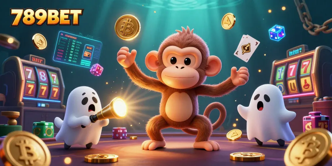 Win big with 789BET in a dynamic haunted casino scene featuring a playful monkey and ghost-hunter puppy.
