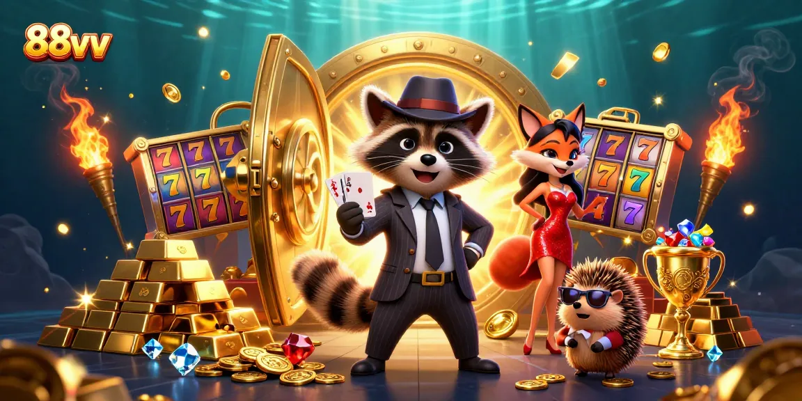 Experience the excitement of 88vv with a raccoon and friends at a vibrant casino scene!