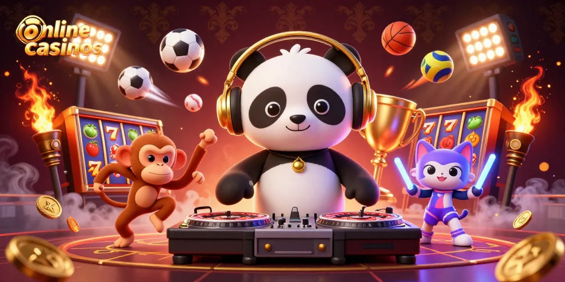 Engaging scene of online casinos with a DJ panda, breakdancing monkey, and glowing kitten.