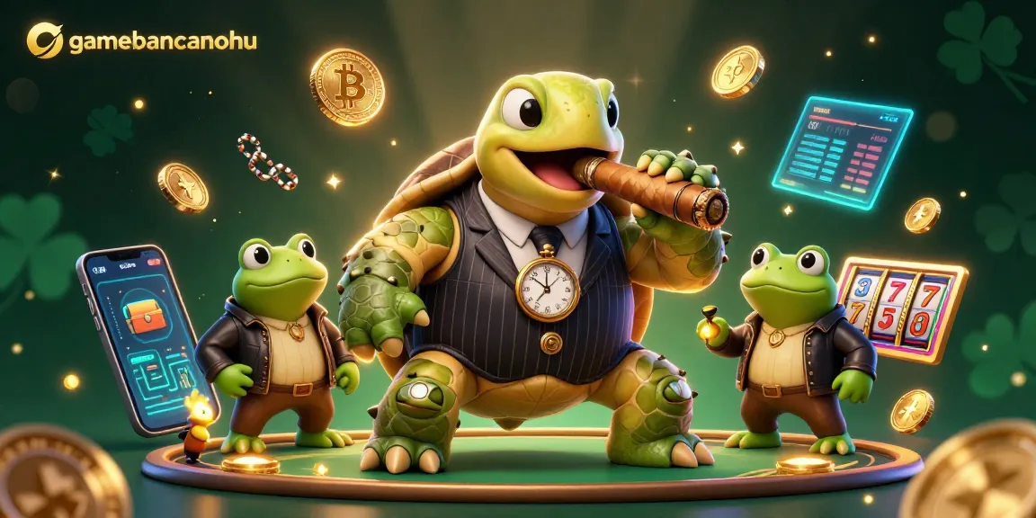 Experience gamebancanohu's thrill with a vibrant 3D casino illustration featuring a snapping turtle and bullfrog enforcers.