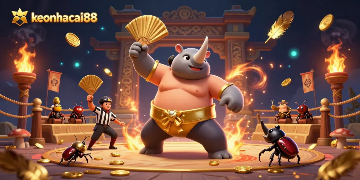 Keonhacai88 showcases a dynamic sumo champion beetle amidst a spectacular casino scene.