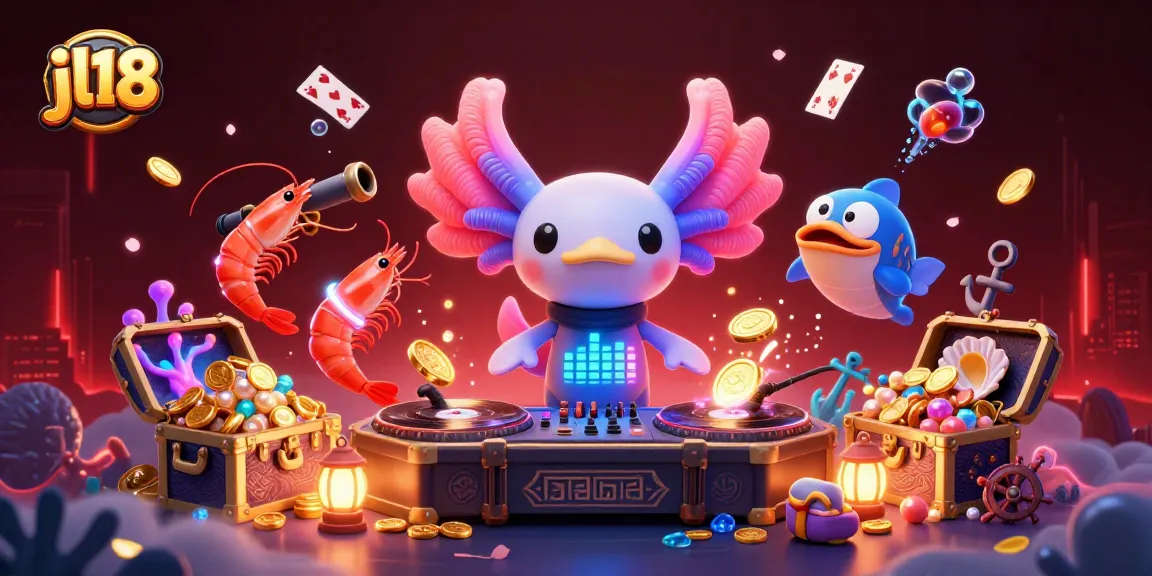 Experience the vibrant entertainment of jl18 as an axolotl DJ spins records amid glowing treasures.