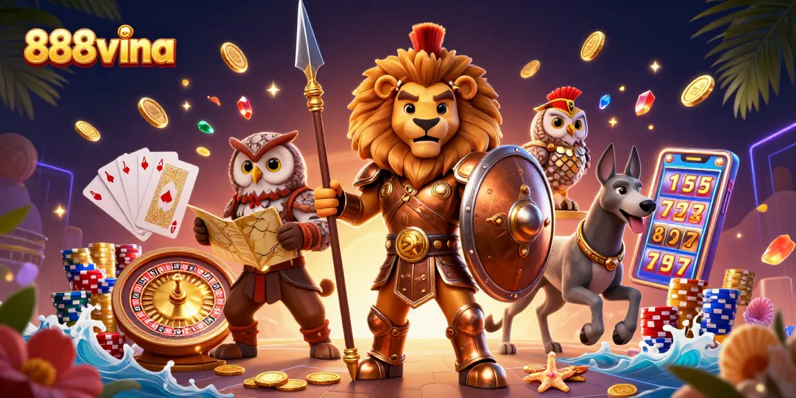 Play at 888vina Casino featuring thrilling games, poker chips, and a striking lion character.