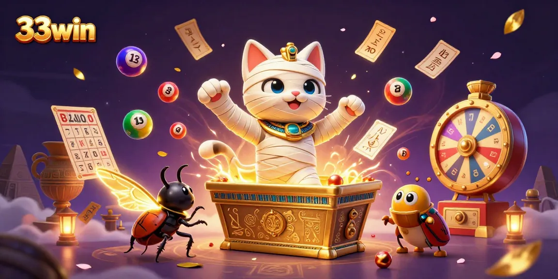 Experience excitement with 33win as a mummy cat bursts forth from a sarcophagus amid vibrant gambling elements.