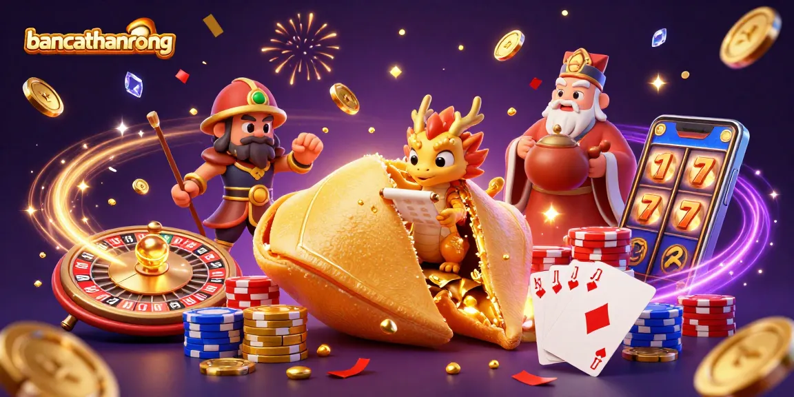 Bancathanrong brings excitement with dynamic roulette spins and colorful casino elements surrounding a golden fortune cookie.